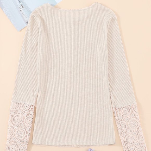 1 Left! Beige Button Top w/Crochet Lace Sleeve Hem - Picture 6 of 12